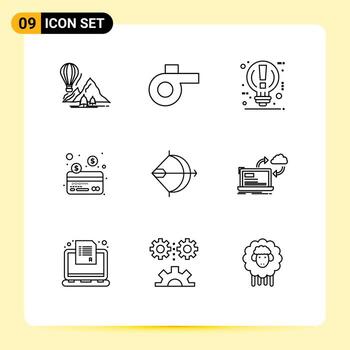 Pictogram Set of 9 Simple Outlines of arrow aim idea payment card Editable Vector Design Elements