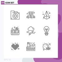 Modern Set of 9 Outlines Pictograph of cloud player box media player money Editable Vector Design Elements