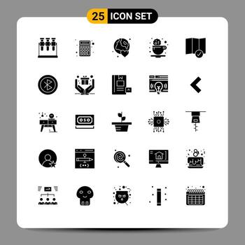Pack of 25 Modern Solid Glyphs Signs and Symbols for Web Print Media such as location drink globe cookie break Editable Vector Design Elements