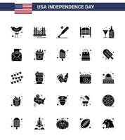 conjunto moderno de 25 glifos sólidos y símbolos en el día de la independencia de EE. UU., como puertas de día, barra de EE. UU., deportes, elementos de diseño vectorial editables del día de EE. UU. vector