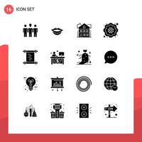 Group of 16 Modern Solid Glyphs Set for economy manuscript building log pretty Editable Vector Design Elements