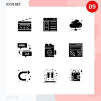 Universal Icon Symbols Group of 9 Modern Solid Glyphs of flowchart develop website coding server Editable Vector Design Elements