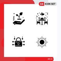 4 Thematic Vector Solid Glyphs and Editable Symbols of hand security dinner table sun Editable Vector Design Elements