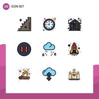 Mobile Interface Filledline Flat Color Set of 9 Pictograms of rocket rain real weather cloud Editable Vector Design Elements