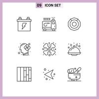 Modern Set of 9 Outlines Pictograph of cross bone puzzle komodo solution human Editable Vector Design Elements