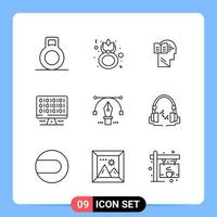 9 Line Black Icon Pack Outline Symbols for Mobile Apps isolated on white background 9 Icons Set vector