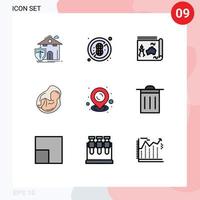 9 colores planos universales de línea de llenado establecidos para aplicaciones web y móviles feto embarazada mapa noticias de embarazo elementos de diseño vectorial editables vector