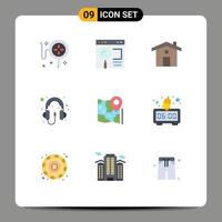 Pack of 9 creative Flat Colors of location map home headphone computer Editable Vector Design Elements