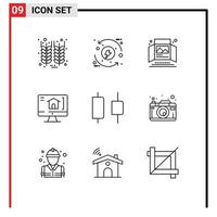 Mobile Interface Outline Set of 9 Pictograms of center home energy computer print ad Editable Vector Design Elements