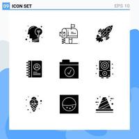 Mobile Interface Solid Glyph Set of 9 Pictograms of user book message spaceship launch Editable Vector Design Elements