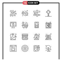 Group of 16 Outlines Signs and Symbols for screen monitor navigation movies light Editable Vector Design Elements