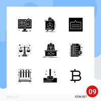 Group of 9 Solid Glyphs Signs and Symbols for level balance scale health balance popup Editable Vector Design Elements