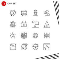 Pack of 16 Modern Outlines Signs and Symbols for Web Print Media such as user personal beach human efficiency Editable Vector Design Elements