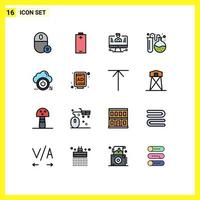 Pack of 16 Modern Flat Color Filled Lines Signs and Symbols for Web Print Media such as education flask tube energy lab report Editable Creative Vector Design Elements