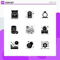 Pack of 9 Modern Solid Glyphs Signs and Symbols for Web Print Media such as keyboard add ring storage server Editable Vector Design Elements