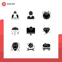 Modern Set of 9 Solid Glyphs and symbols such as umbrella gras technology colorful drink Editable Vector Design Elements