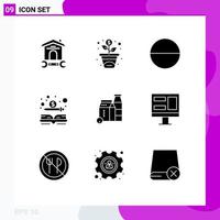 Set of 9 Vector Solid Glyphs on Grid for shopping box pill milk dollar Editable Vector Design Elements