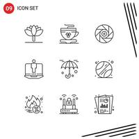 Modern Set of 9 Outlines and symbols such as umbrella insurance entertainment service computer Editable Vector Design Elements