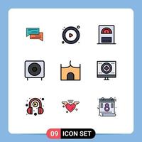 9 User Interface Filledline Flat Color Pack of modern Signs and Symbols of subwoofer electronics play devices bath Editable Vector Design Elements