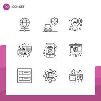 Mobile Interface Outline Set of 9 Pictograms of pay cash chat idea question answer Editable Vector Design Elements