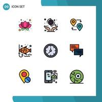 9 Thematic Vector Filledline Flat Colors and Editable Symbols of time leisure location hook fish Editable Vector Design Elements