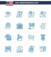 USA Independence Day Blue Set of 16 USA Pictograms of holiday sign states star badge Editable USA Day Vector Design Elements