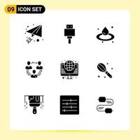 Mobile Interface Solid Glyph Set of 9 Pictograms of globe social droop people communication Editable Vector Design Elements