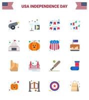 usa feliz día de la independencia pictograma conjunto de 16 pisos simples de edificio emblemático vidrio lugar fiesta editable usa día elementos de diseño vectorial vector