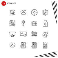 Modern Set of 16 Outlines and symbols such as sketch board fresh shield police Editable Vector Design Elements