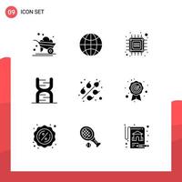 Group of 9 Modern Solid Glyphs Set for genetic code chip chain tech Editable Vector Design Elements