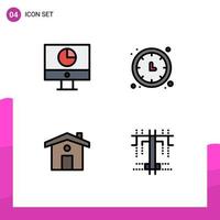 conjunto de 4 colores planos de línea de relleno de vector en cuadrícula para elementos de diseño de vector editables de casa de tiempo de dinero de reloj de pared de computadora