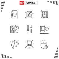 Pack of 9 creative Outlines of recorder movie study camera home Editable Vector Design Elements