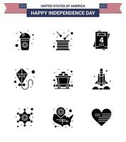 Happy Independence Day Pack of 9 Solid Glyphs Signs and Symbols for rail cart independence flying kite Editable USA Day Vector Design Elements