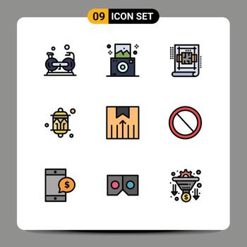 Mobile Interface Filledline Flat Color Set of 9 Pictograms of delivery lantern architecture festival celebration Editable Vector Design Elements