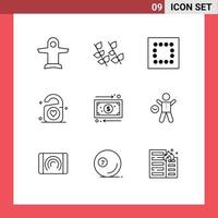 Set of 9 Vector Outlines on Grid for money cash layout business heart Editable Vector Design Elements