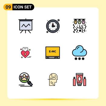 Mobile Interface Filledline Flat Color Set of 9 Pictograms of board heart bulb love string Editable Vector Design Elements