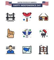 9 estados unidos línea plana llena signos celebración del día de la independencia símbolos de pájaro gafas americanas mano americana elementos de diseño vectorial del día de estados unidos editables vector