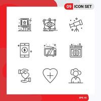 Pack of 9 Modern Outlines Signs and Symbols for Web Print Media such as tv retro visual sign mobile Editable Vector Design Elements