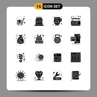 Set of 16 Vector Solid Glyphs on Grid for donation bag jag love board Editable Vector Design Elements