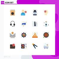 16 User Interface Flat Color Pack of modern Signs and Symbols of forward support bottle headset mind Editable Pack of Creative Vector Design Elements