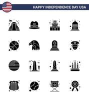 Set of 16 Modern Solid Glyphs pack on USA Independence Day sports basketball police usa indianapolis Editable USA Day Vector Design Elements