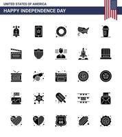 Pack of 25 creative USA Independence Day related Solid Glyph of limonade america donut usa map Editable USA Day Vector Design Elements