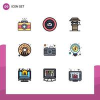 User Interface Pack of 9 Basic Filledline Flat Colors of picture camera agriculture donut food Editable Vector Design Elements