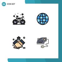 4 User Interface Filledline Flat Color Pack of modern Signs and Symbols of bicycle handshake gym world real Editable Vector Design Elements