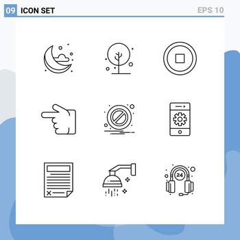 9 Universal Outline Signs Symbols of cell notification stop block hand Editable Vector Design Elements