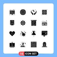 Pack of 16 Modern Solid Glyphs Signs and Symbols for Web Print Media such as transport hardware pray fan eid Editable Vector Design Elements