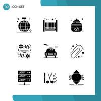 Vector Pack of 9 Glyph Symbols Solid Style Icon Set on White Background for Web and Mobile