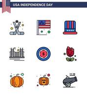 9 USA Flat Filled Line Pack of Independence Day Signs and Symbols of tourism golden usa gate usa Editable USA Day Vector Design Elements