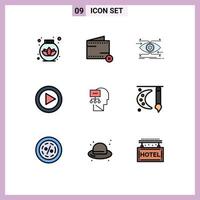 conjunto de 9 iconos modernos de la interfaz de usuario símbolos signos para la teoría de los medios atención jugar visión elementos de diseño vectorial editables vector