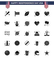 25 Solid Glyph Signs for USA Independence Day usa country footbal heart ball Editable USA Day Vector Design Elements